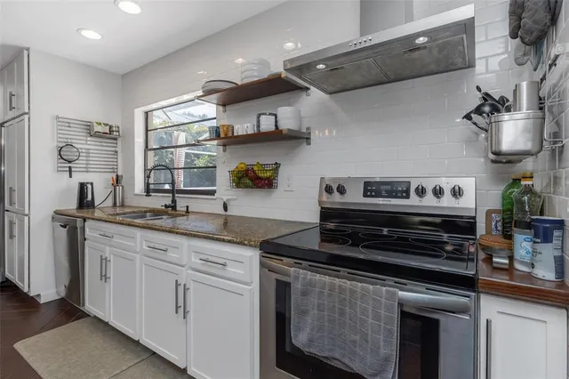 a view of a dining room with furniture