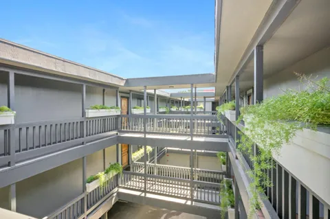 a view of a city that has lawn chairs potted plants