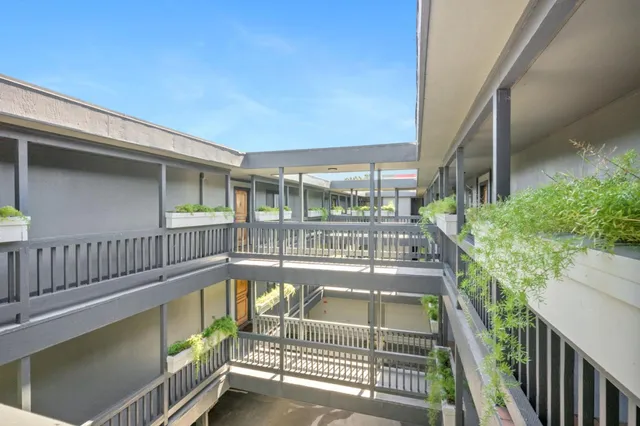 a view of a city that has lawn chairs potted plants