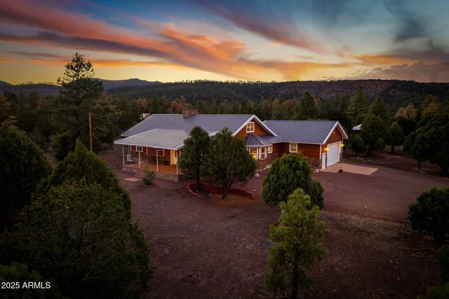 an aerial view of a house with a garden