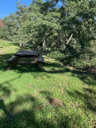 a wooden bench sitting in the middle of a yard
