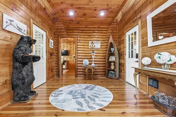 a bathroom with a shower and a shower curtain