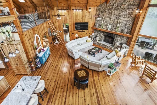 a kitchen with a large window and a sink
