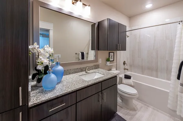 a bathroom with a granite countertop sink toilet and shower