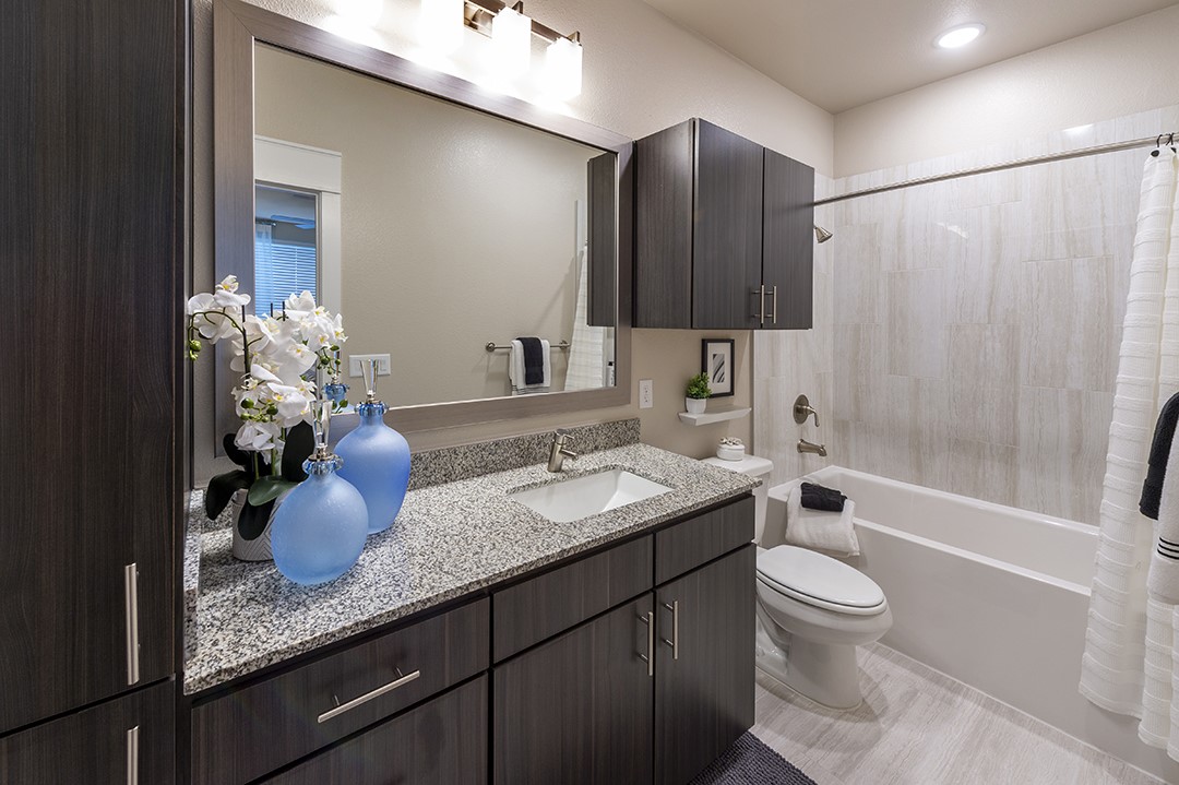 30020 Creekside Ter Drive, Unit 8203 Spring, TX 77386 - Photo 10 of 29 a bathroom with a granite countertop sink toilet and shower