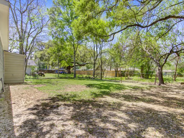 a view of a park with large trees