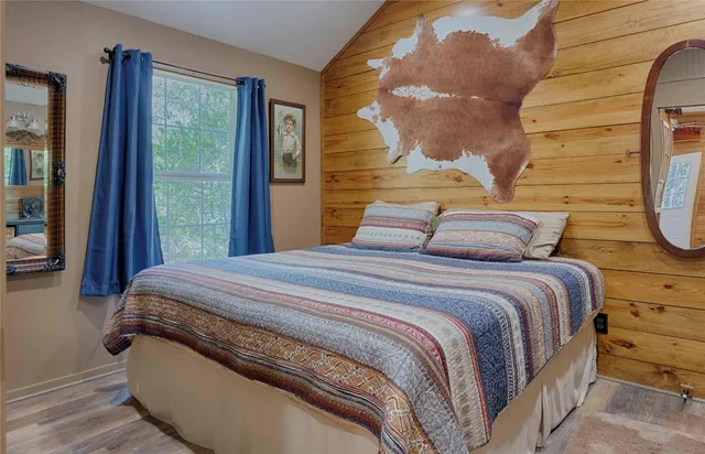 a view of a forest with trees in the background