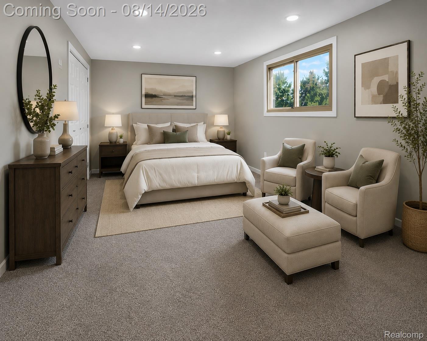 47321 Susan Road Macomb, MI 48044 - Photo 22 of 46 Recessed lighting, light gray wall finish, window with outdoor scenery, gray carpeting, and a white door