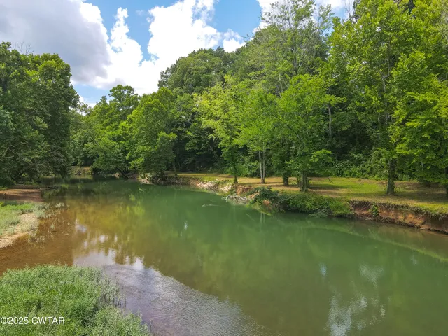 a view of a lake with a yard and large trees