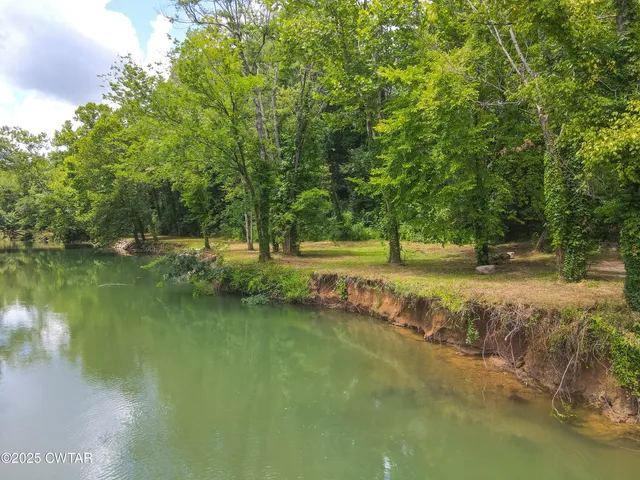 a view of a lake with a yard and large trees