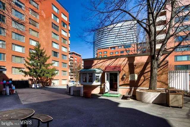 a view of a building with a couch