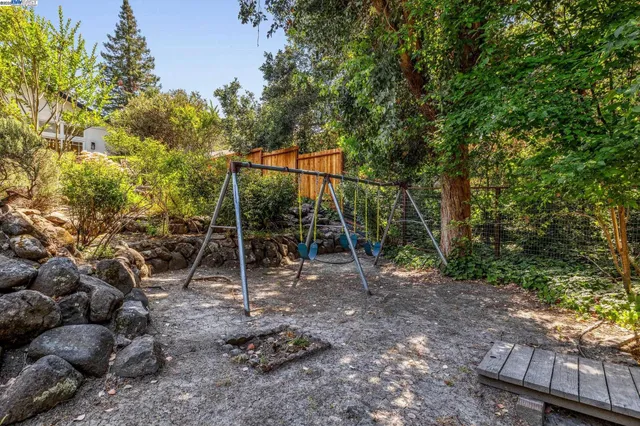 a backyard of a house with table and chairs