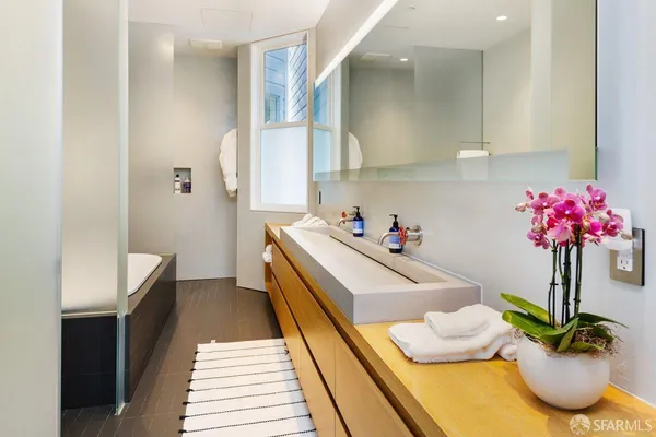 a bath room with sink and flower pot