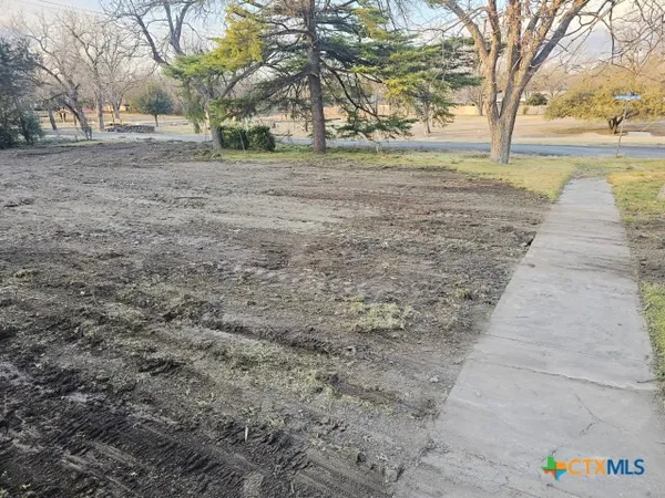 a view of dirt yard with a trees