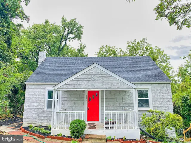 a small white house with a small yard plants and a large tree