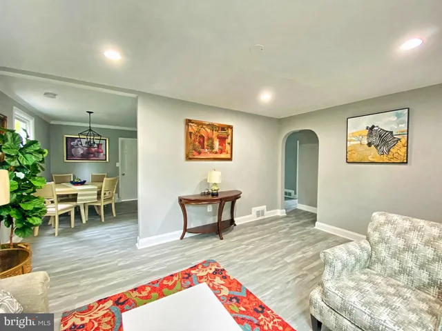 a living room with furniture rug and a potted plant