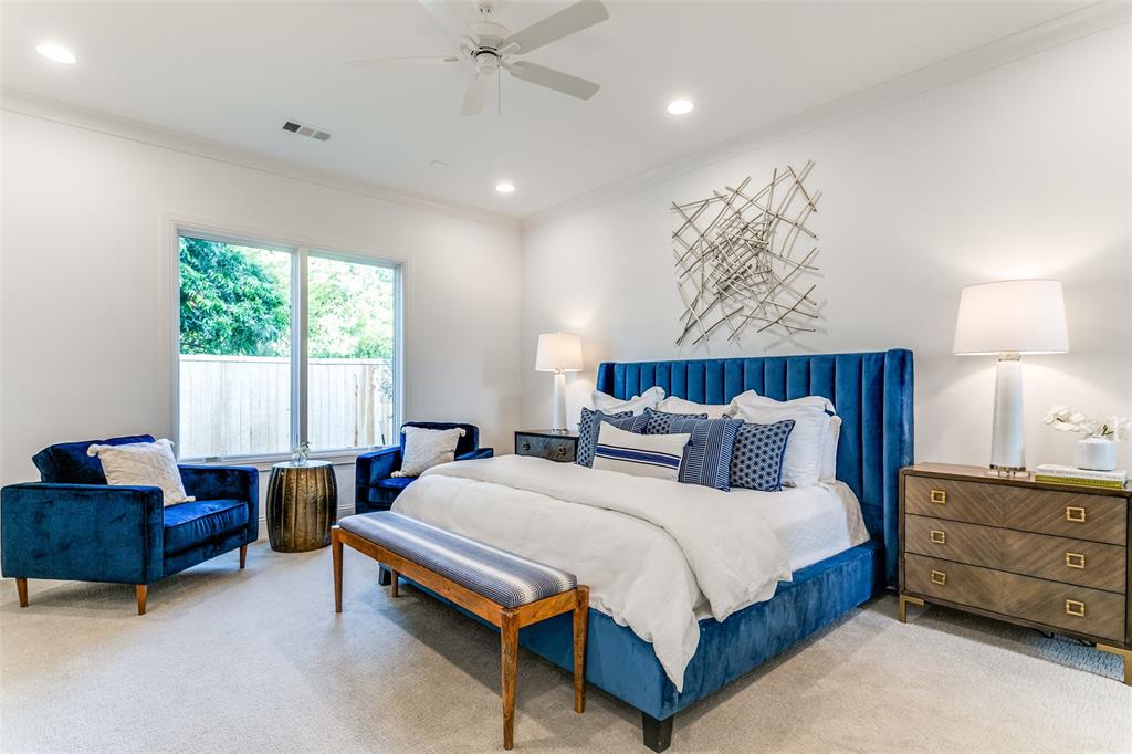 7519 Taos Road Dallas, TX 75209 - Photo 16 of 40 Carpeted bedroom featuring crown molding, ceiling fan, and recessed lighting