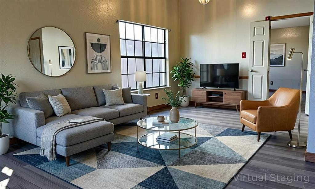 a living room with furniture a flat screen tv and a window
