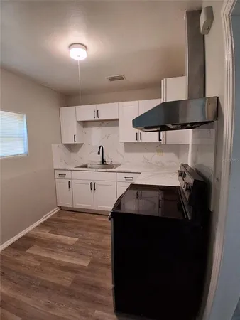 a kitchen with a sink a stove and cabinets