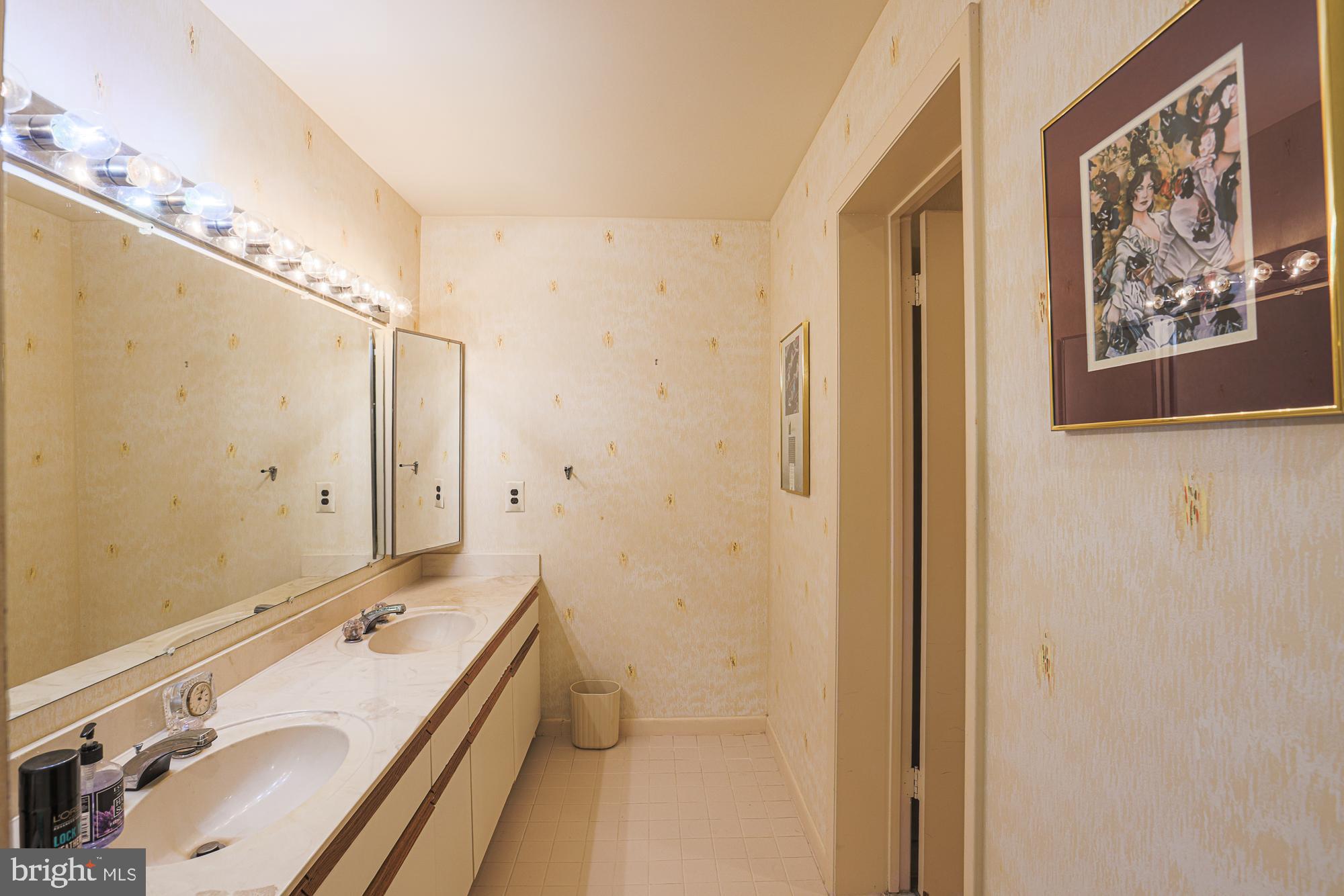 3041 Fallstaff Road, Unit 304D Baltimore, MD 21209 - Photo 29 of 39 a bathroom with a double vanity sink and mirror with shower