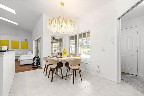 a view of a dining room with furniture window and outside view