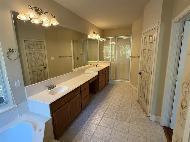 a bathroom with a double vanity sink a large mirror and a shower