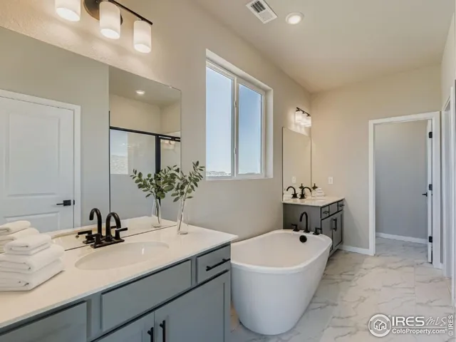a bathroom with a sink double vanity and tub