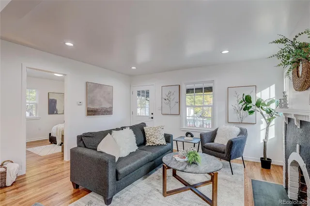 a living room with furniture and a potted plant