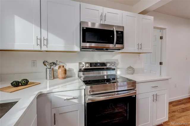 a kitchen with a stove and a microwave