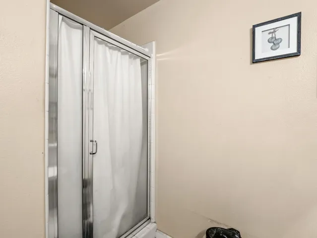 a bathroom with a shower and a toilet
