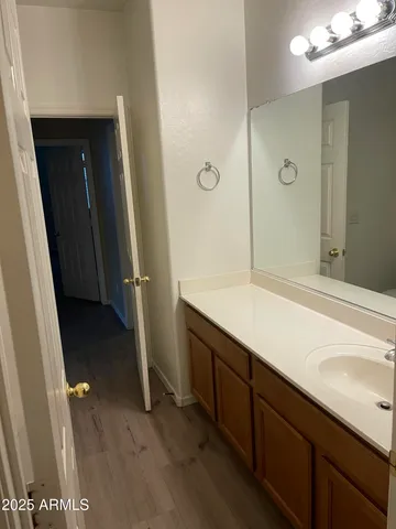 a bathroom with a sink and a large mirror