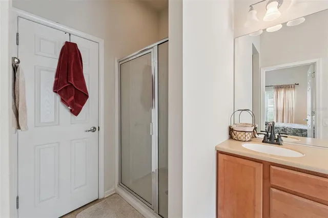 a bathroom with a sink vanity and a mirror