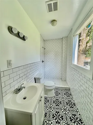 a bathroom with a sink a toilet and shower