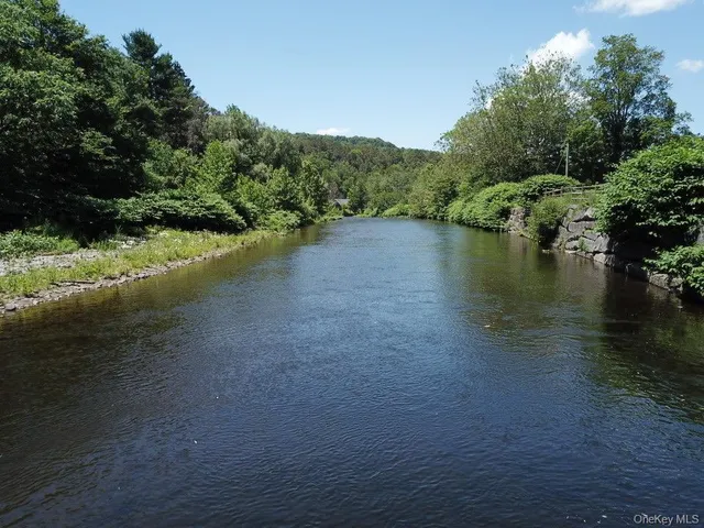 a view of a lake view with houses in back
