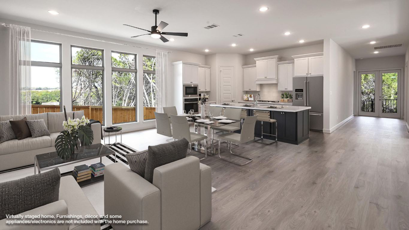 208 High Rock Pass Kyle, TX 78640 - Photo 5 of 40 Living area with recessed lighting, light wood finished floors, a ceiling fan, and french doors