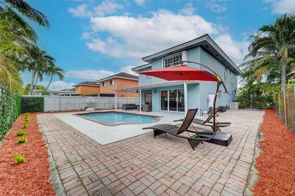 a view of a backyard with swimming pool