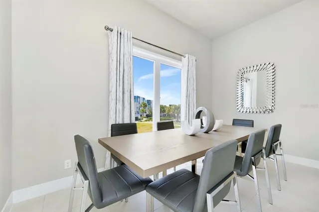 a view of a dining room with furniture and window