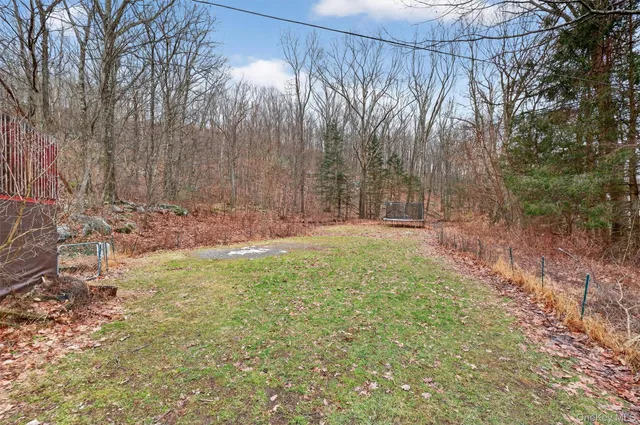 a view of a yard with large trees