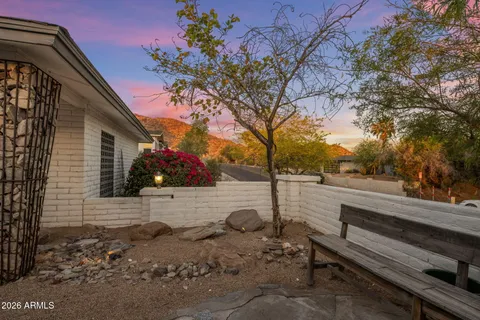 a view of backyard with wooden fence and a large tree