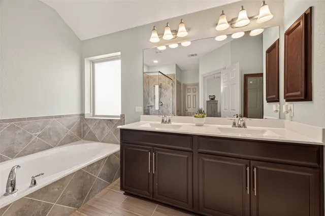 a bathroom with a tub a double vanity sink and a mirror