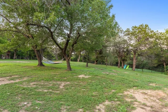 a view of a grassy field with trees