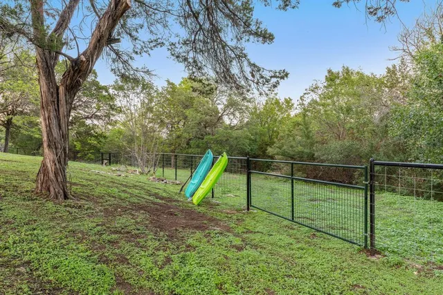 a view of a park with large trees