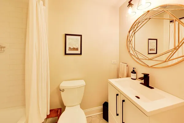a bathroom with a sink mirror and toilet