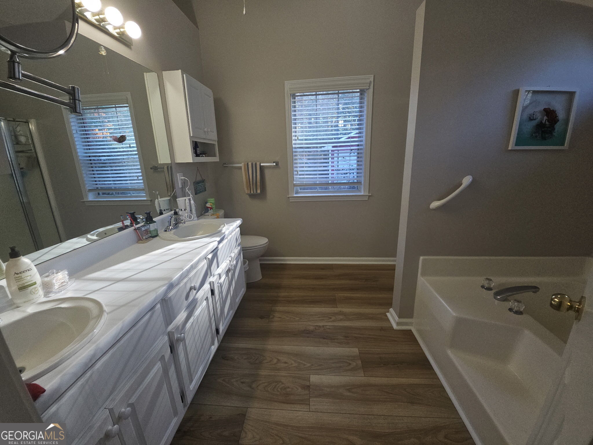 45 Riverside Walk Sharpsburg, GA 30277 - Photo 19 of 25 a bathroom with a double vanity sink a mirror and a bathtub