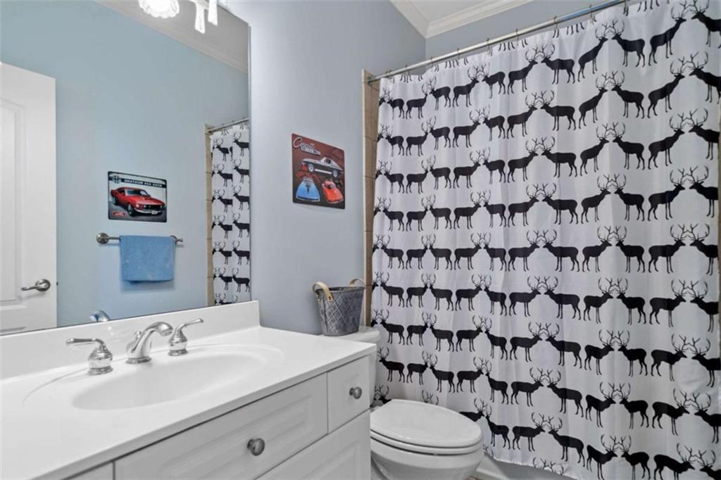 380 Creek Point Milton, GA 30004 - Photo 45 of 74 a bathroom with a sink a toilet and a shower curtain