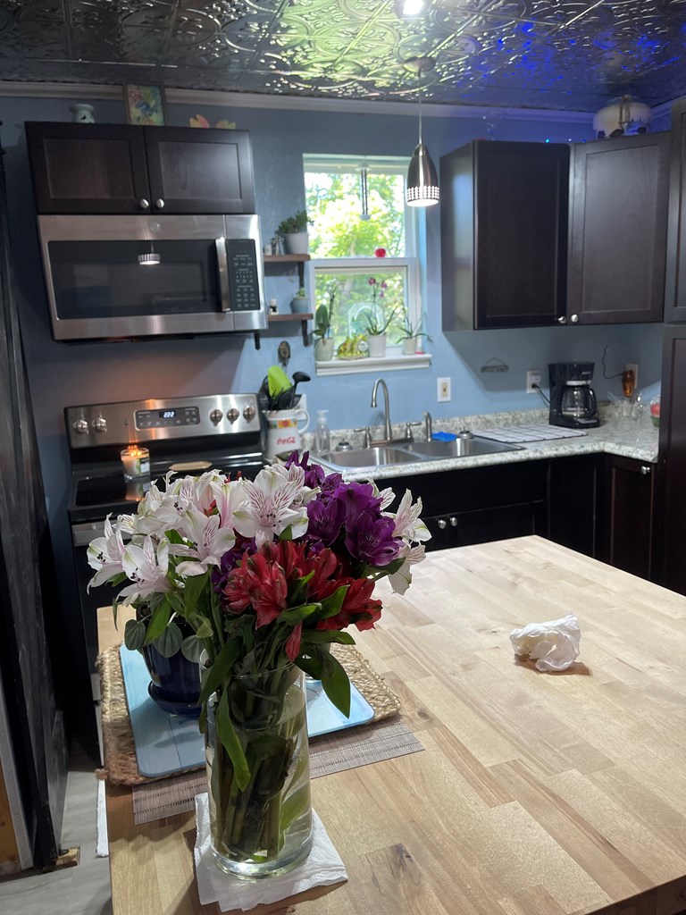313 Elm Pass II Road East Center Point, TX 78010 - Photo 17 of 37 a kitchen with a microwave a stove and cabinets