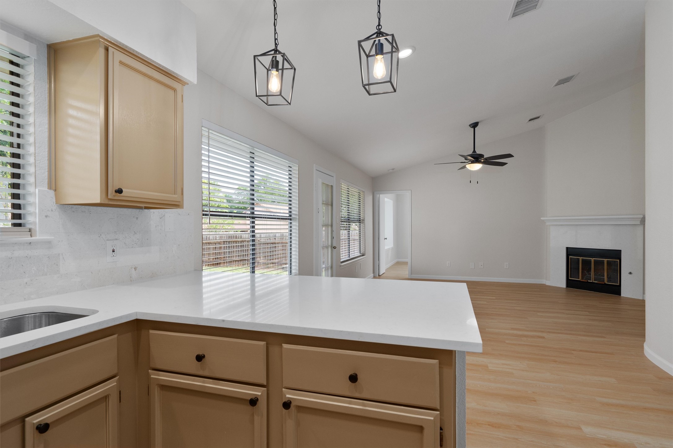 1401 Plum Creek Road Cedar Park, TX 78613 - Photo 30 of 30 Kitchen featuring lofted ceiling, a peninsula, light wood finish cabinets, open floor plan, and light wood-type flooring