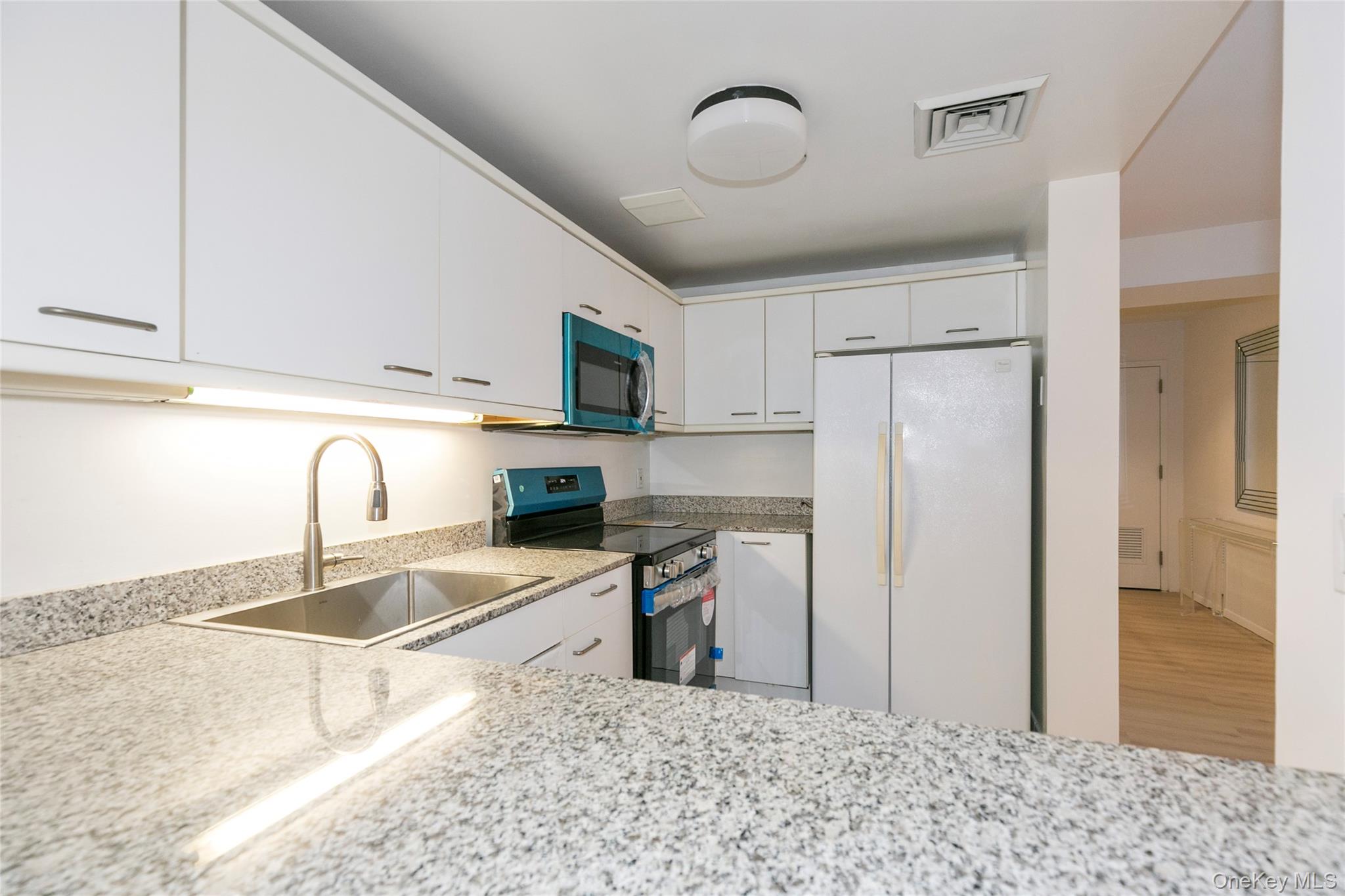 100 Cutter Mill Road, Unit 2C Great Neck, NY 11021 - Photo 16 of 29 a kitchen with stainless steel appliances granite countertop a sink refrigerator and cabinets