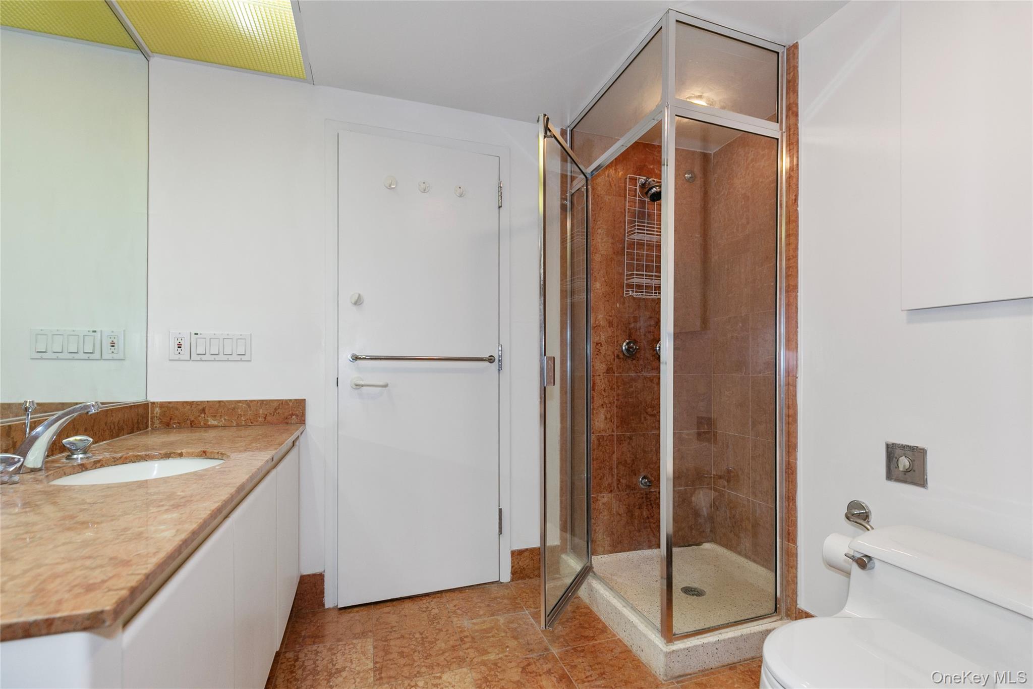 100 Cutter Mill Road, Unit 2C Great Neck, NY 11021 - Photo 22 of 29 a bathroom with a granite countertop sink a mirror and a bathtub