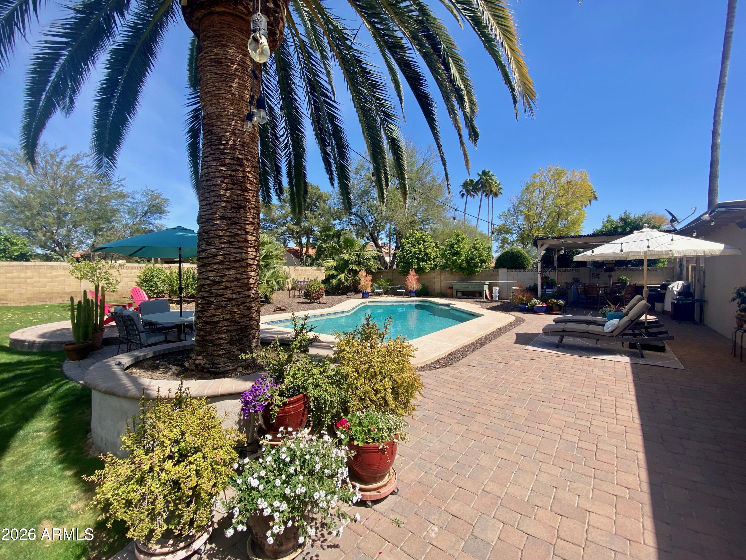 a view of a chairs and table in the patio with a swimming pool